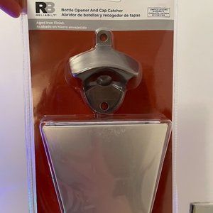 Wall Mounted Bottle Opener with Cap Catcher & Aged Iron Finish